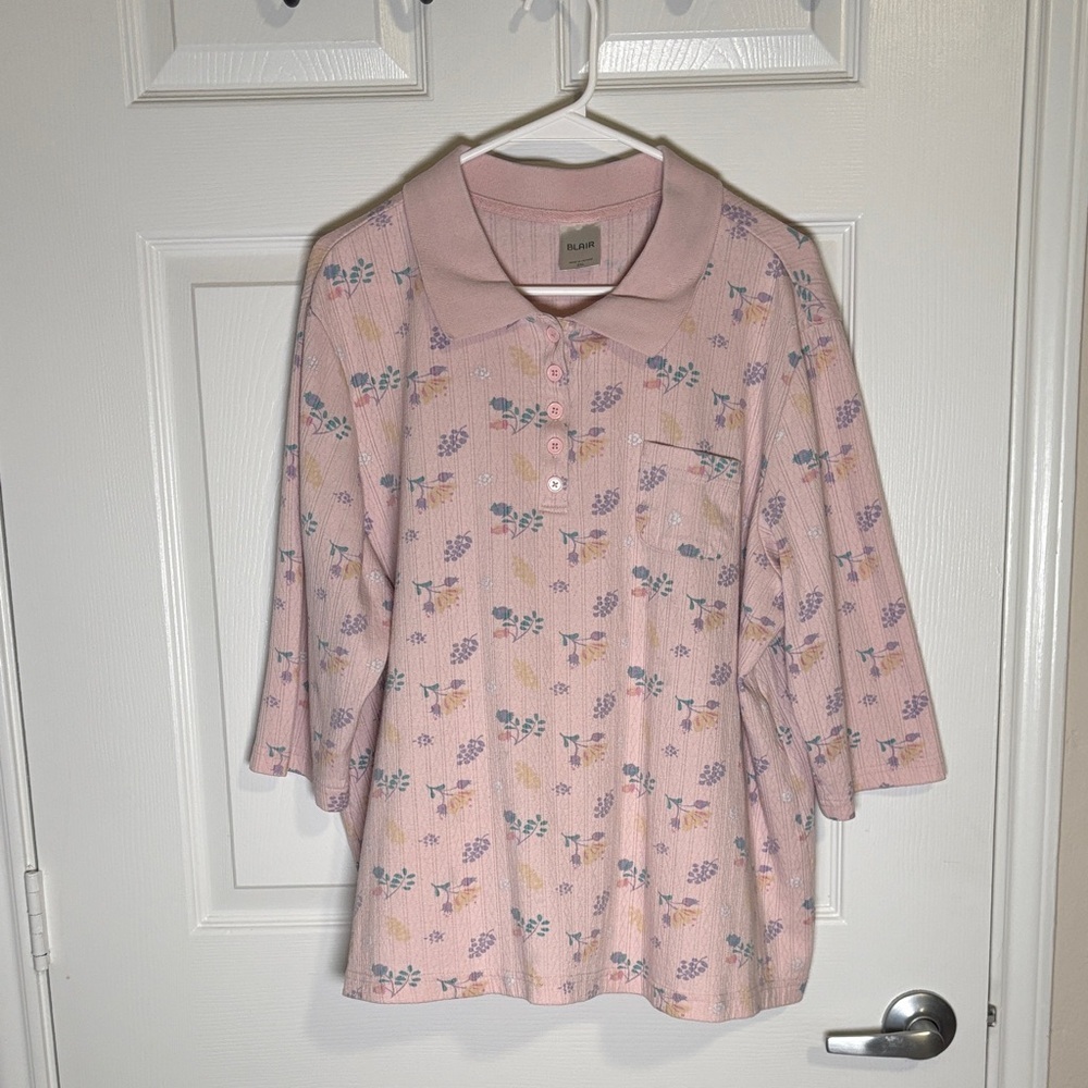 Blair Floral Polo Shirt Women’s 2XL Pink Cottagecore Top Short Sleeve Plus Size